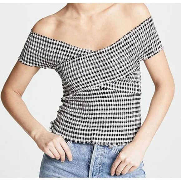 Cupcakes Cashmere Bowman Top Off-The-Shoulder Smocked Gingham Wrap Bardot Blouse - Picture 6 of 9